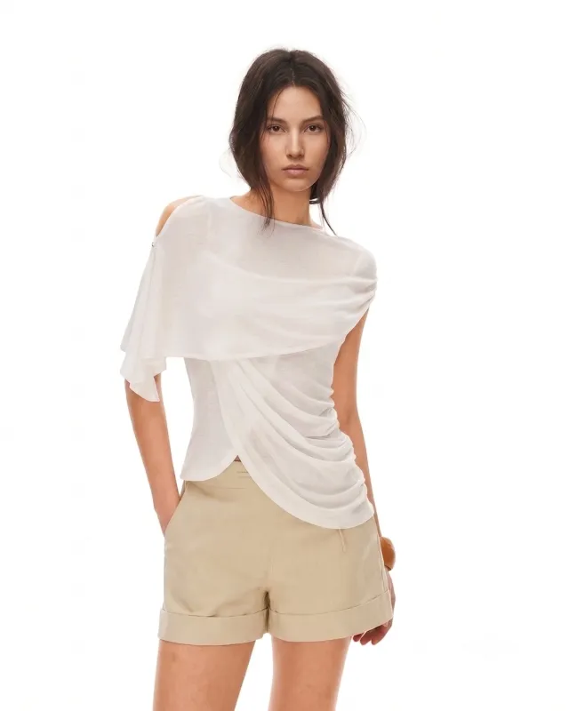 Convertible Asymmetrical Draped Semi-Sheer Cape Top - Ivory made by JW PEI