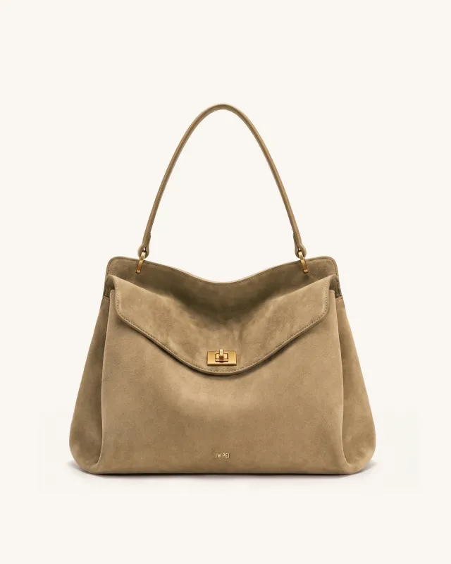 Lucia Turn-Lock Faux Suede Shoulder Bag - Khaki Brown made by JW PEI
