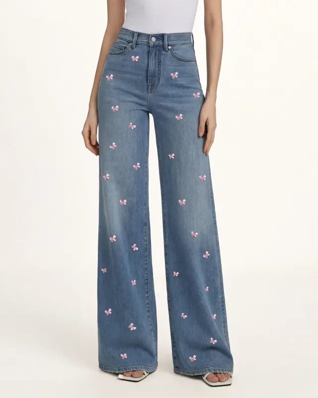 The Enchanted Pink Butterfly Wide-Leg Jeans - Coastal Blue made by JW PEI