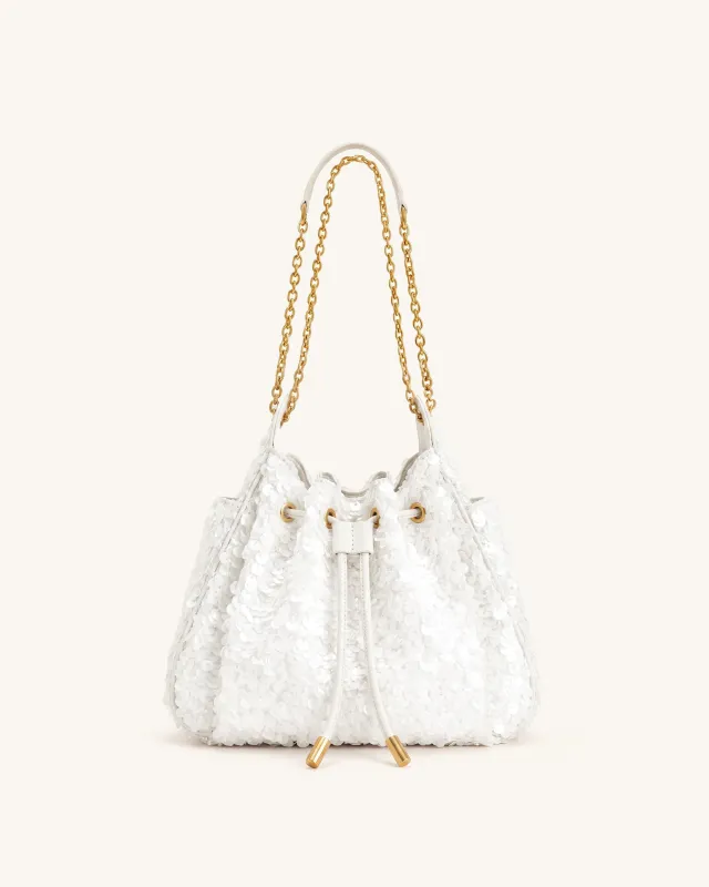 Rowan Small Sequin Chain Bucket Bag - White made by JW PEI