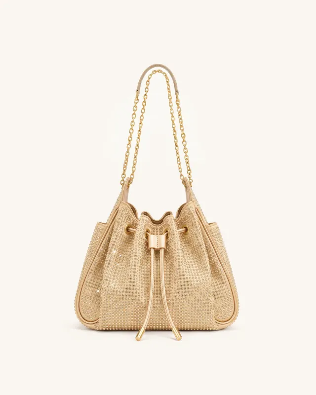 Rowan Small Artificial Crystal Chain Bucket Bag - Champagne made by JW PEI