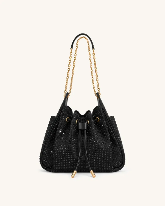 Rowan Small Artificial Crystal Chain Bucket Bag - Black made by JW PEI