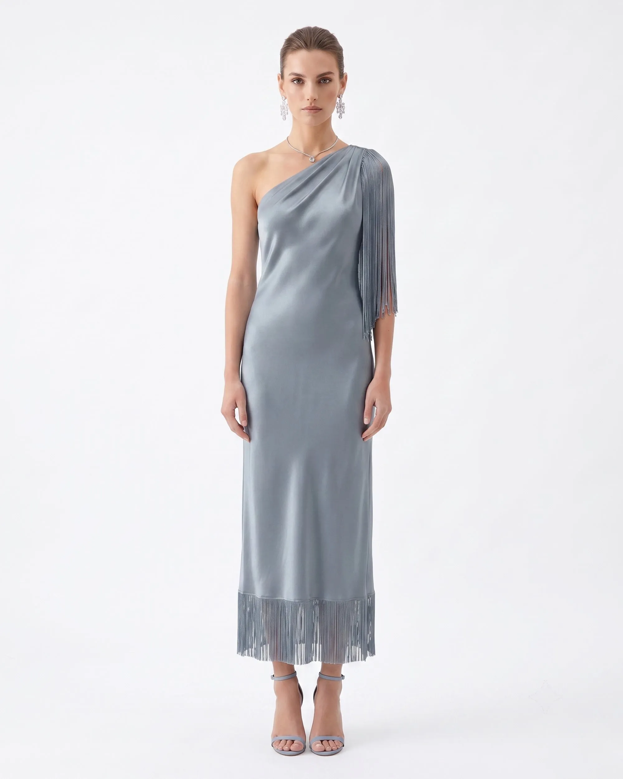 One Shoulder Fringe Midi Dress - Slate Blue sold by JW PEI