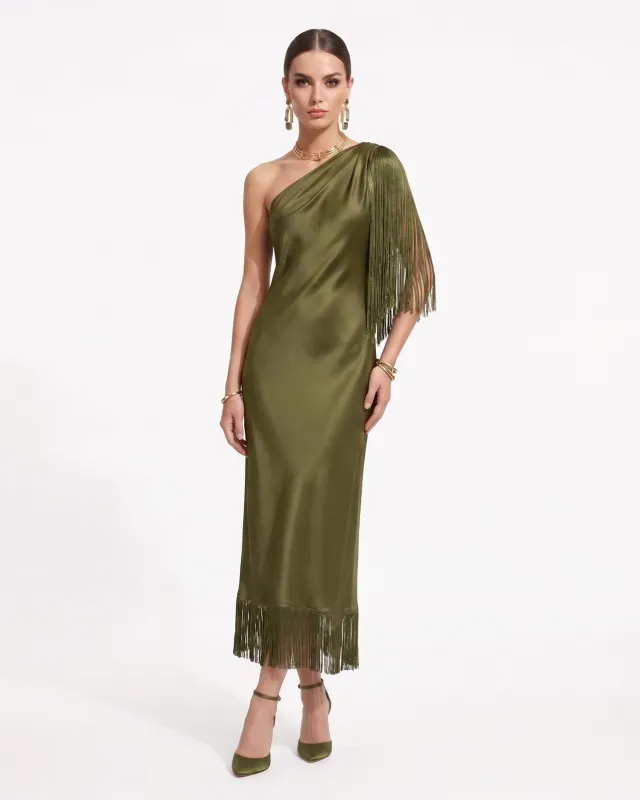 One Shoulder Fringe Midi Dress - Olive Green made by JW PEI