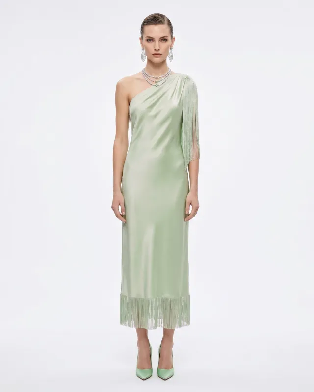 One Shoulder Fringe Midi Dress - Light Green made by JW PEI