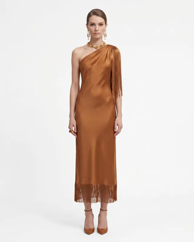 One Shoulder Fringe Midi Dress - Cognac made by JW PEI