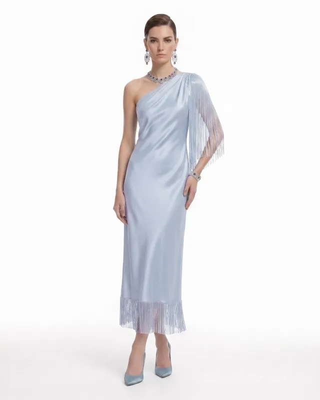 One Shoulder Fringe Midi Dress - Powder Blue made by JW PEI