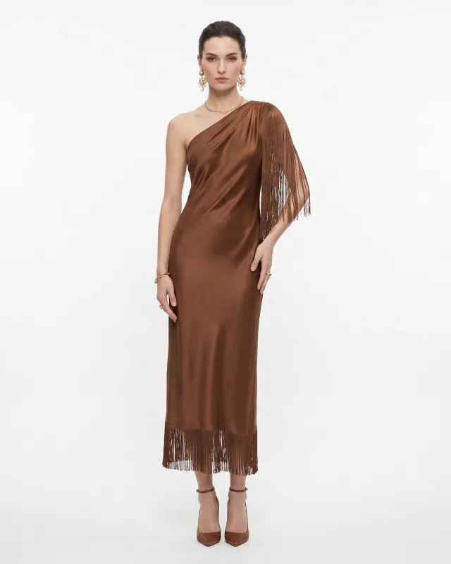 One Shoulder Fringe Midi Dress - Chocolate Brown made by JW PEI