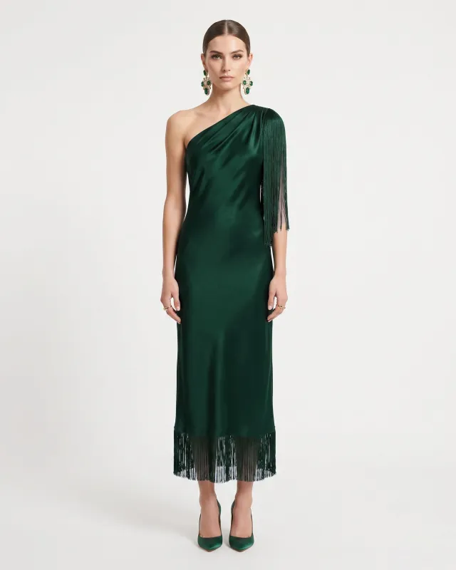 One Shoulder Fringe Midi Dress - Emerald Green made by JW PEI