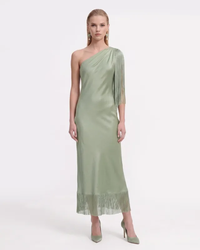 One Shoulder Fringe Midi Dress - Sage Green made by JW PEI
