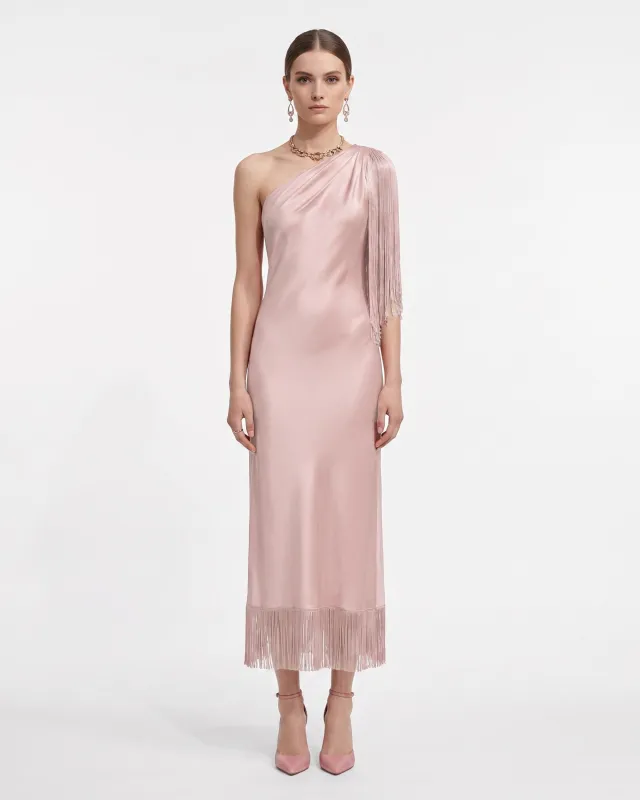 One Shoulder Fringe Midi Dress - Blush made by JW PEI