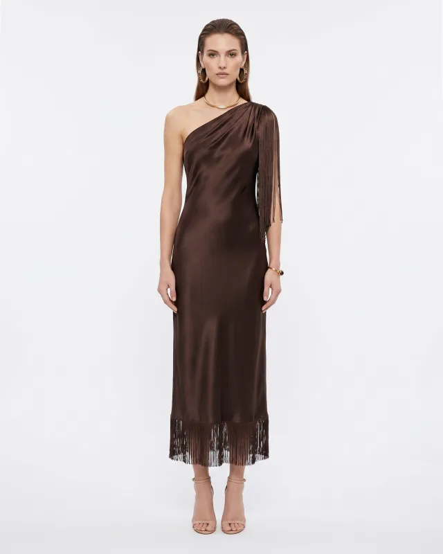 One Shoulder Fringe Midi Dress - Mocha made by JW PEI