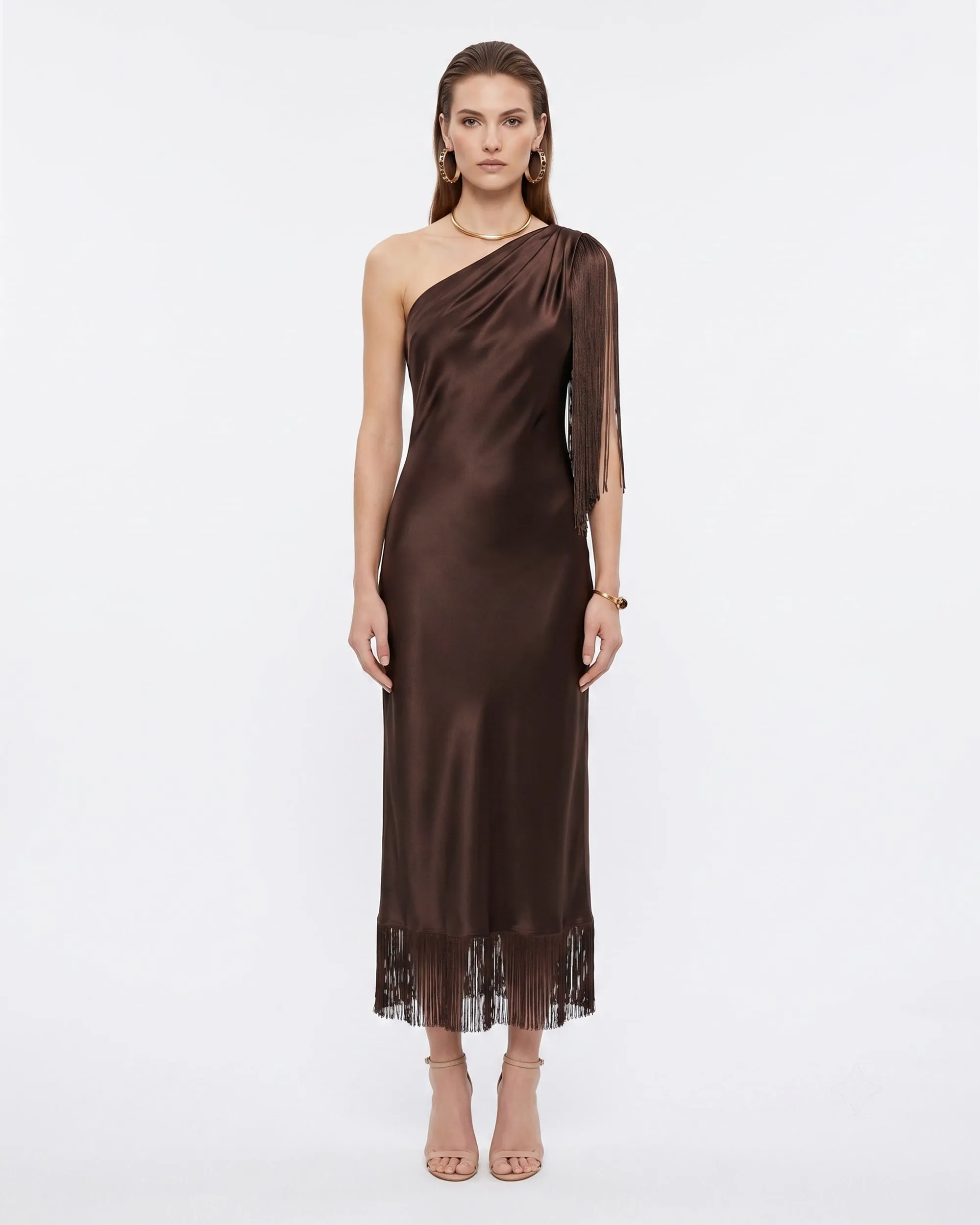 One Shoulder Fringe Midi Dress - Mocha sold by JW PEI