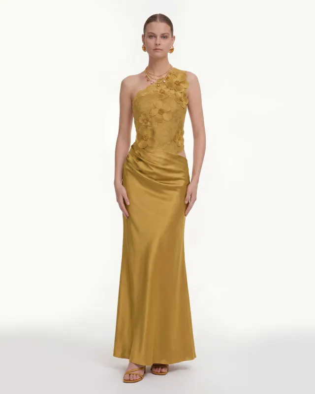 Floral One Shoulder Satin Dress - Mustard Yellow made by JW PEI