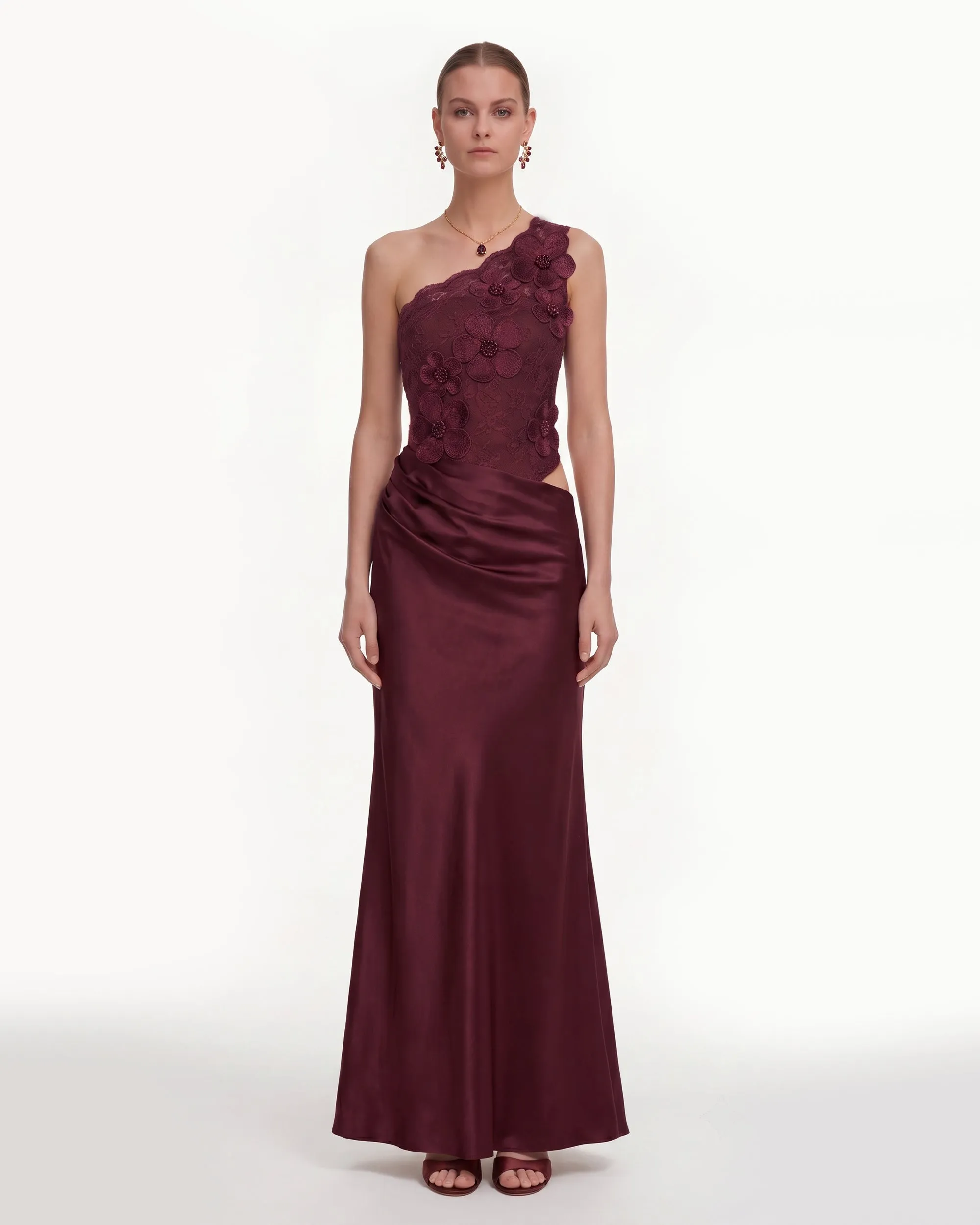 Floral One Shoulder Satin Dress - Burgundy sold by JW PEI