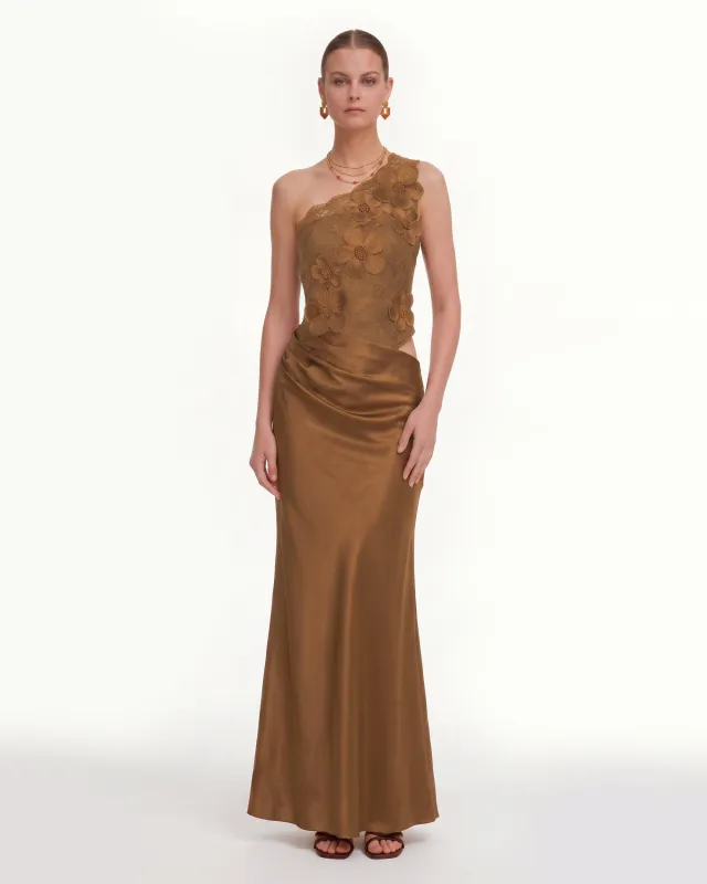 Floral One Shoulder Satin Dress - Cognac made by JW PEI