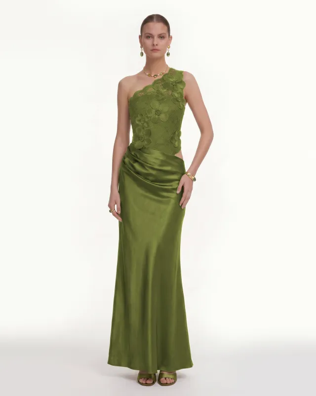Floral One Shoulder Satin Dress - Olive Green made by JW PEI