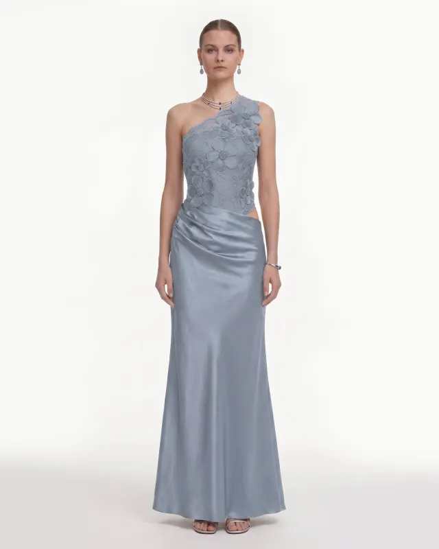 Floral One Shoulder Satin Dress - Dusty Blue made by JW PEI