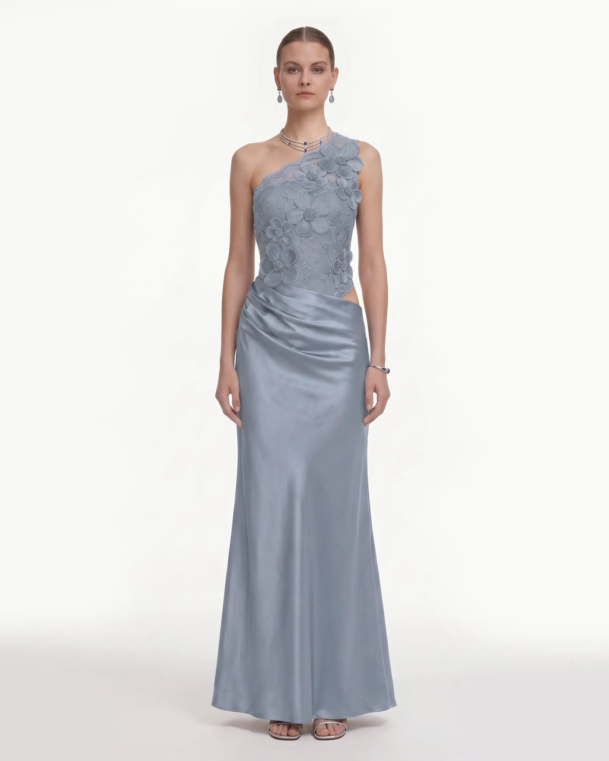 Floral One Shoulder Satin Dress - Dusty Blue sold by JW PEI