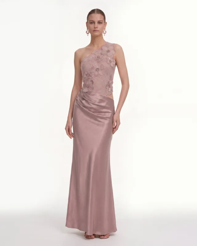 Floral One Shoulder Satin Dress - Dusty Rose made by JW PEI