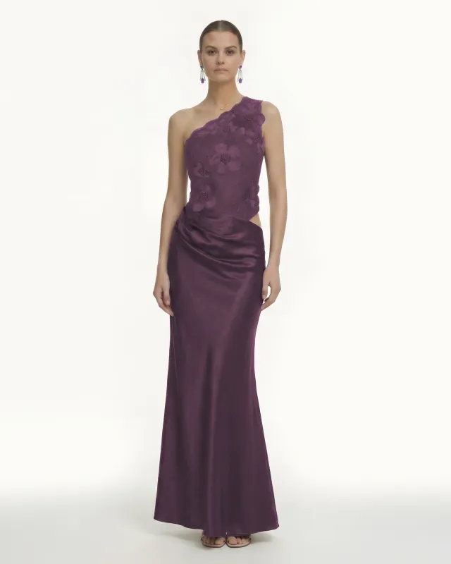 Floral One Shoulder Satin Dress - Eggplant made by JW PEI