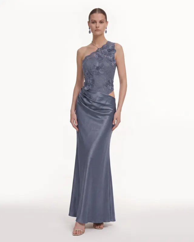 Floral One Shoulder Satin Dress - Slate Blue made by JW PEI