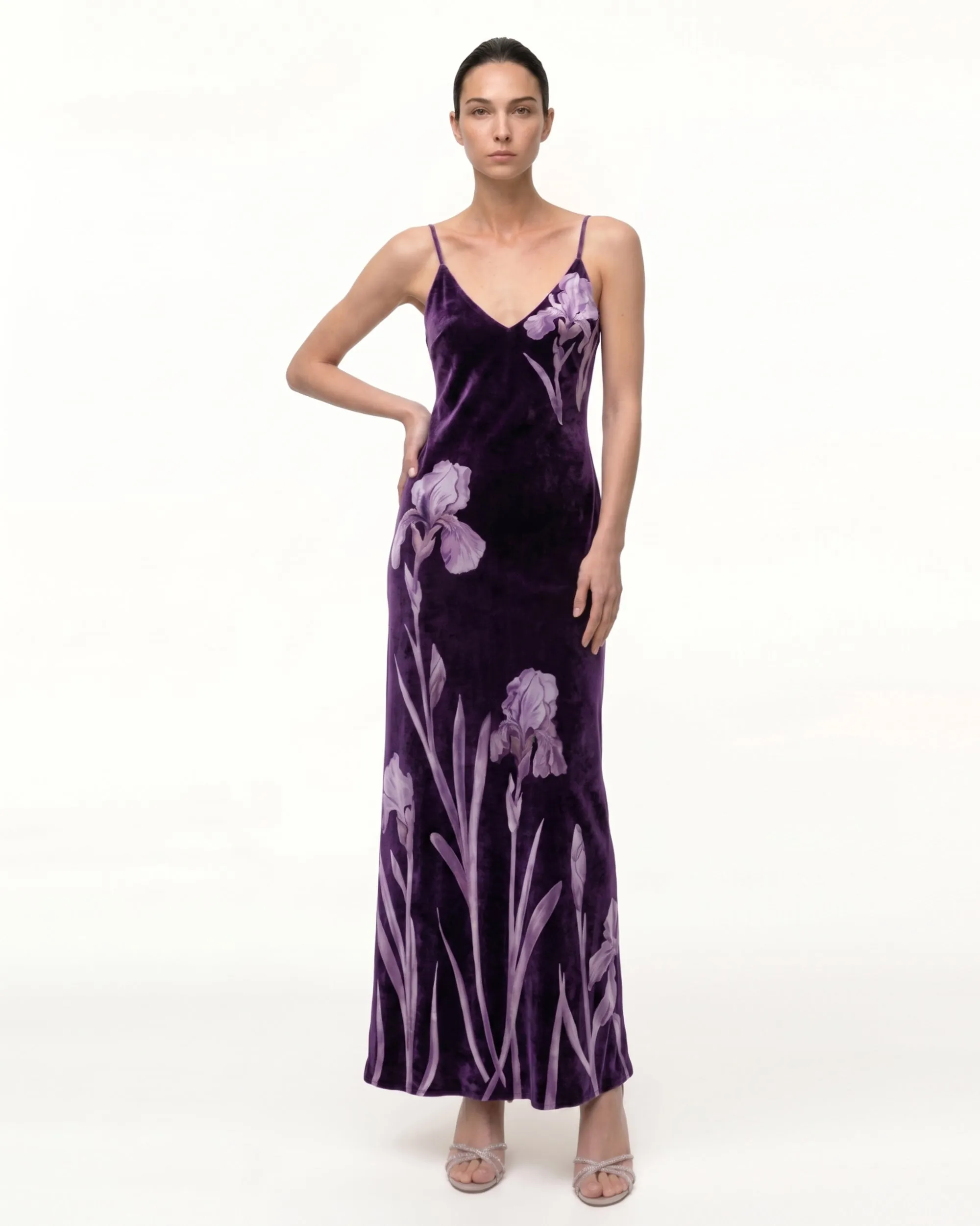 Velvet Iris Print Spaghetti Strap Maxi Dress - Deep Purple sold by JW PEI