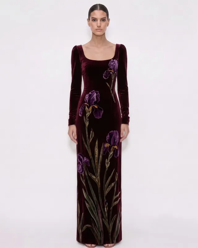 Velvet Iris Print Long Sleeve Maxi Dress - Burgundy made by JW PEI