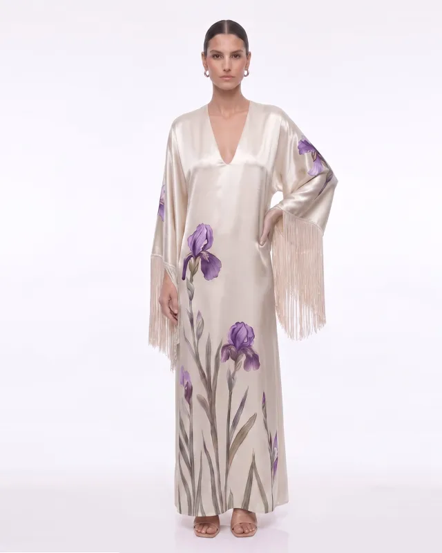 Iris Print Fringe Sleeve V-Neck Maxi Dress - Champagne made by JW PEI