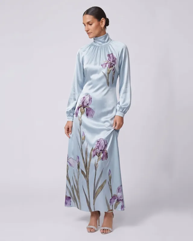 Iris Print High Neck Long Sleeve Maxi Dress - Light Blue made by JW PEI