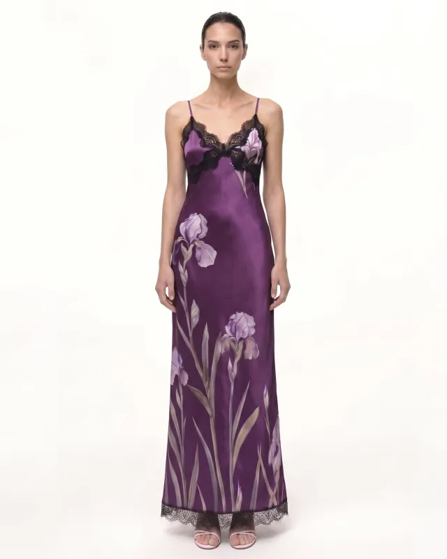 Satin Iris Print Lace Trim Spaghetti Strap Maxi Dress - Purple made by JW PEI