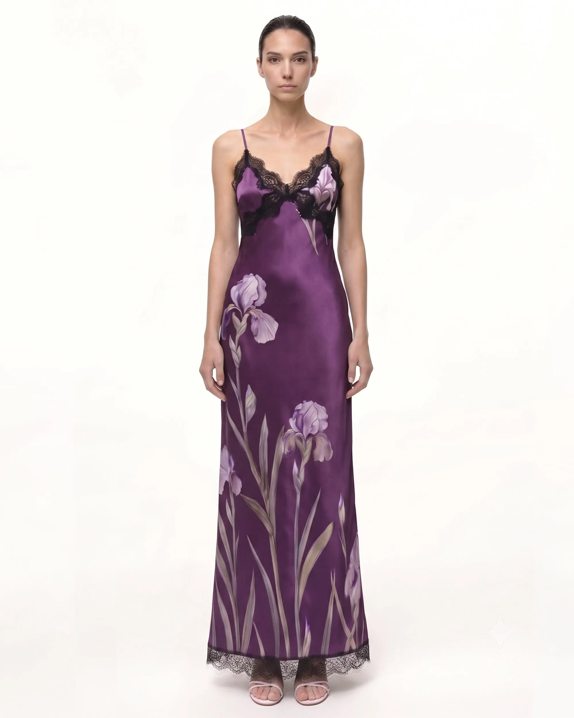 Satin Iris Print Lace Trim Spaghetti Strap Maxi Dress - Purple sold by JW PEI