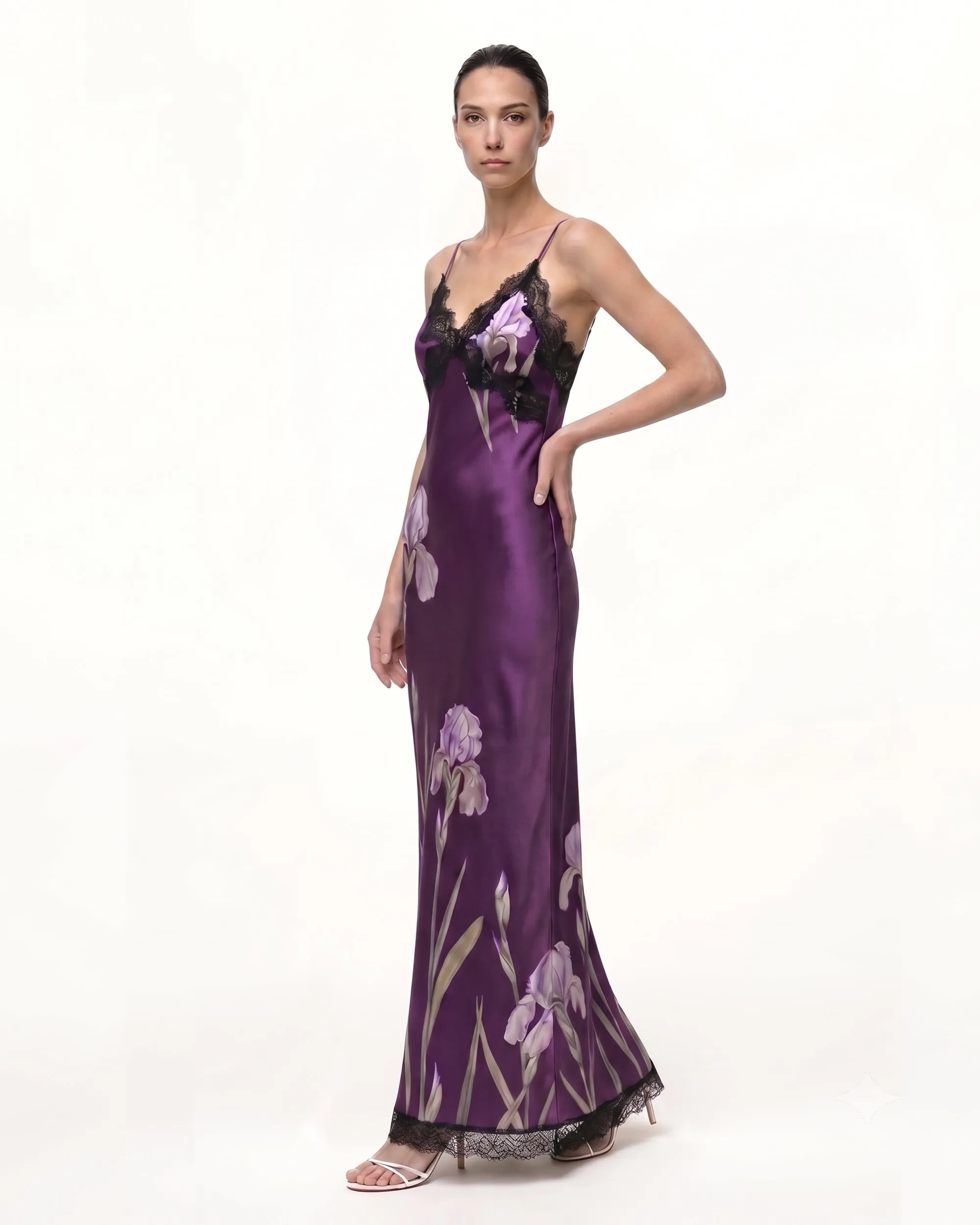 Satin Iris Print Lace Trim Spaghetti Strap Maxi Dress - Purple sold by JW PEI product image thumbnail 2