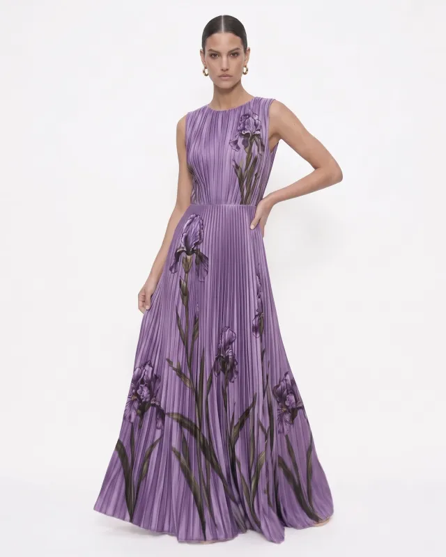 Pleated Iris Print Sleeveless Maxi Dress - Lavender made by JW PEI