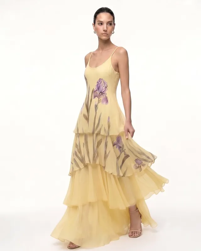 Layered Sheer Iris Print Spaghetti Strap Maxi Dress - Yellow made by JW PEI