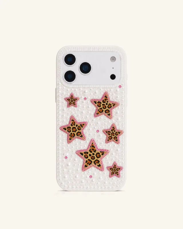 Leopard Print Star Faux Pearl Phone Case - White made by JW PEI