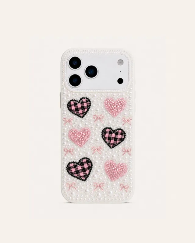 Gingham Heart Faux Pearl Phone Case - White made by JW PEI