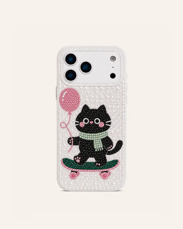 Skateboarding Cat Faux Pearl Phone Case - White made by JW PEI