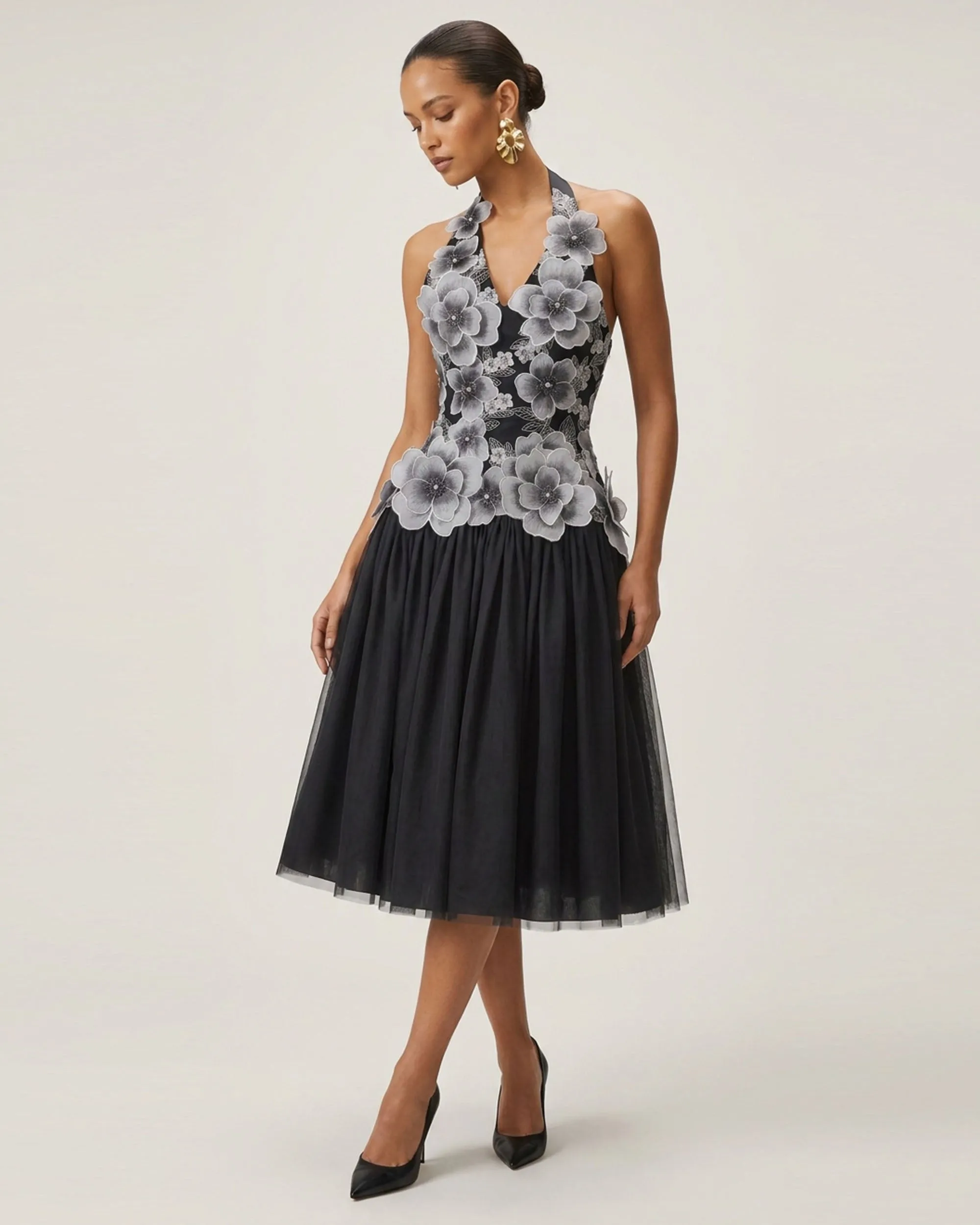 Floral Embroidered Fit-and-Flare Midi Dress - Black sold by JW PEI product image thumbnail 2