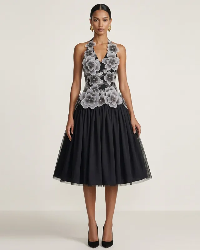 Floral Embroidered Fit-and-Flare Midi Dress - Black made by JW PEI
