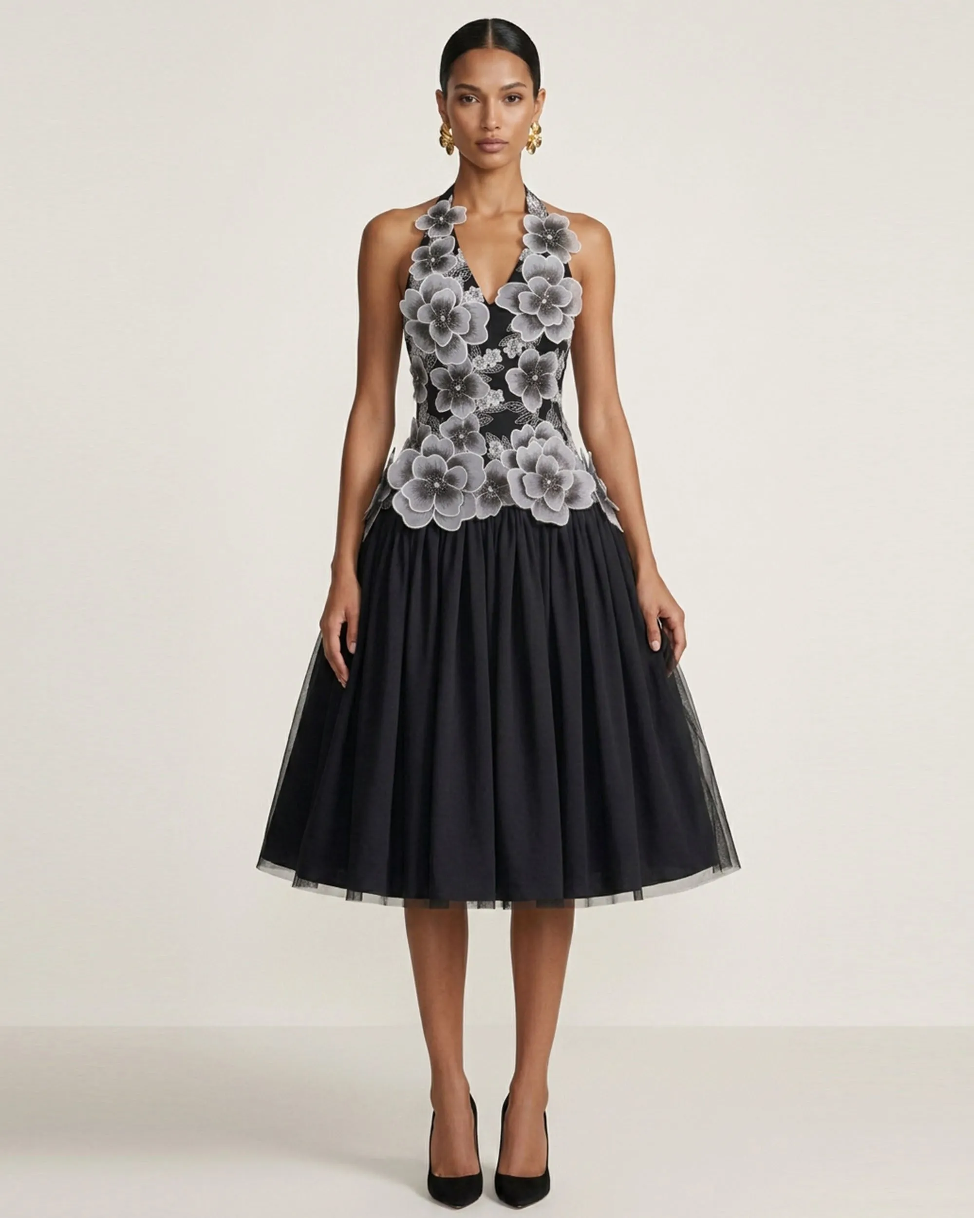 Floral Embroidered Fit-and-Flare Midi Dress - Black sold by JW PEI
