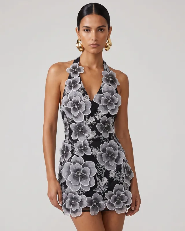 Floral Embroidered Fitted Halter Mini Dress - Black made by JW PEI