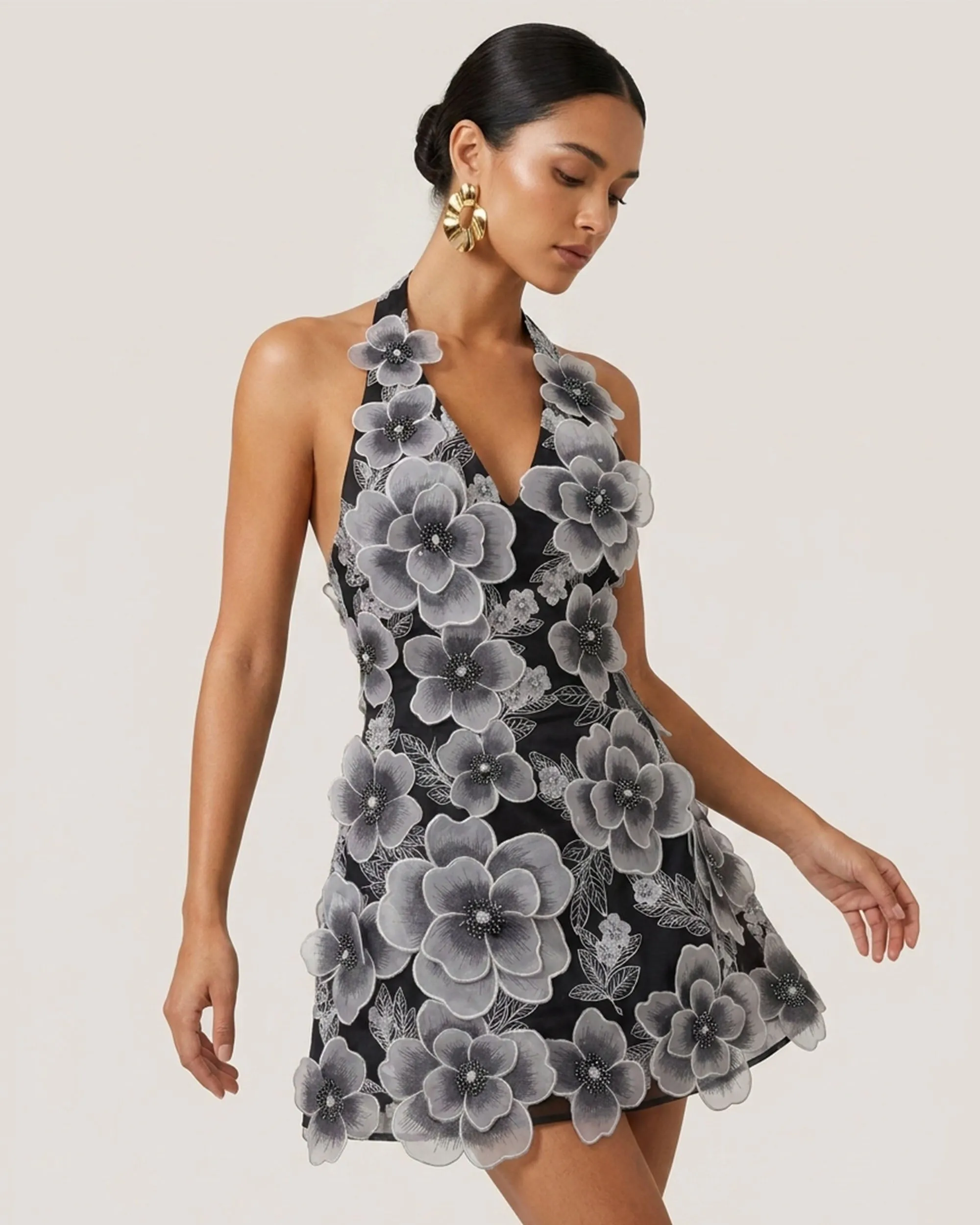 Floral Embroidered Plunge Halter Mini Dress - Black sold by JW PEI product image thumbnail 2