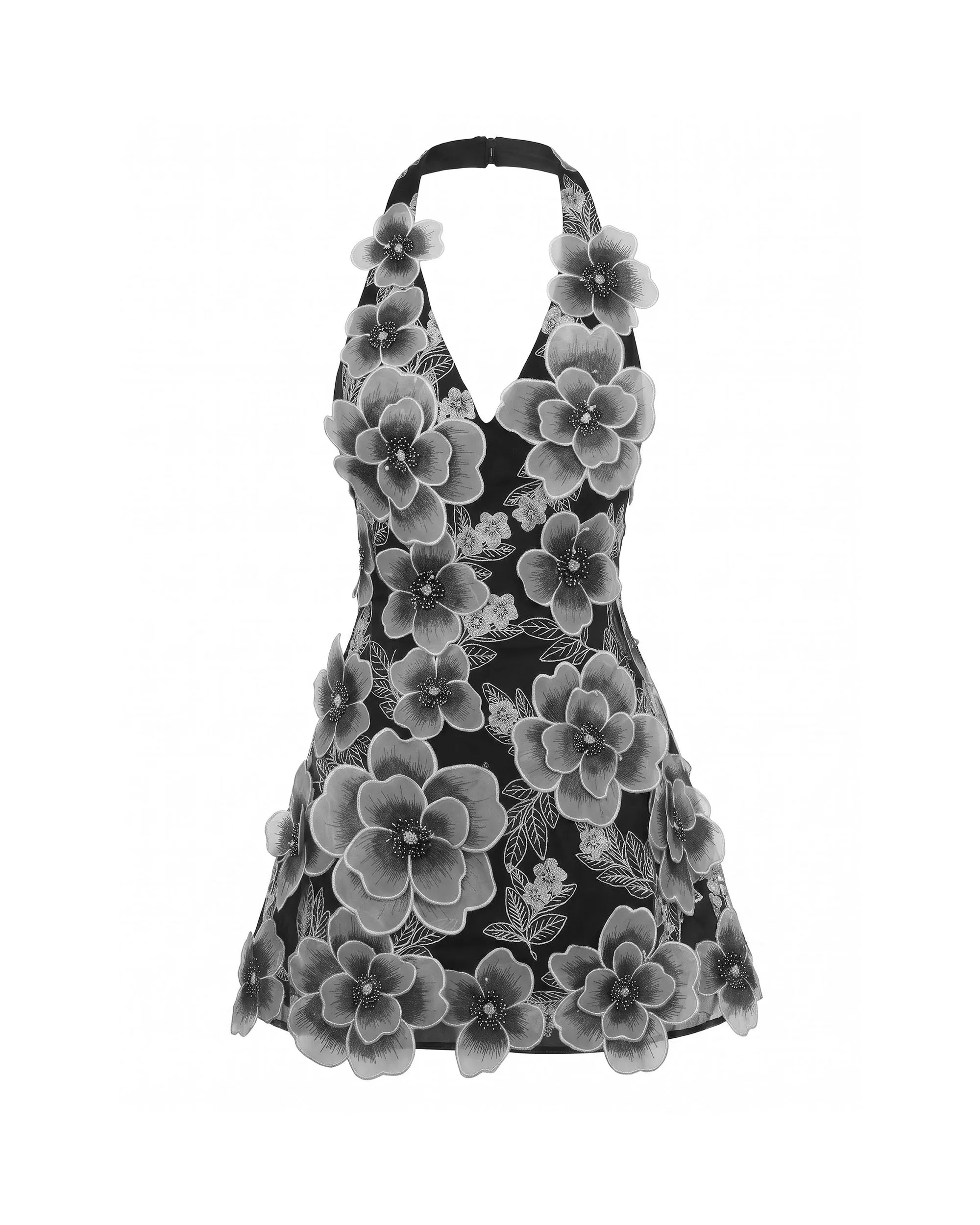 Floral Embroidered Plunge Halter Mini Dress - Black sold by JW PEI product image thumbnail 3