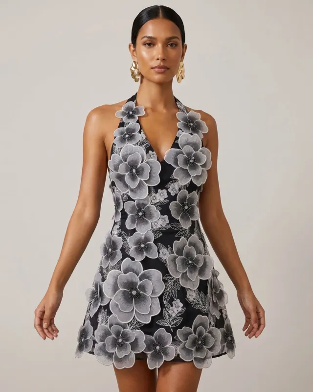 Floral Embroidered Plunge Halter Mini Dress - Black made by JW PEI