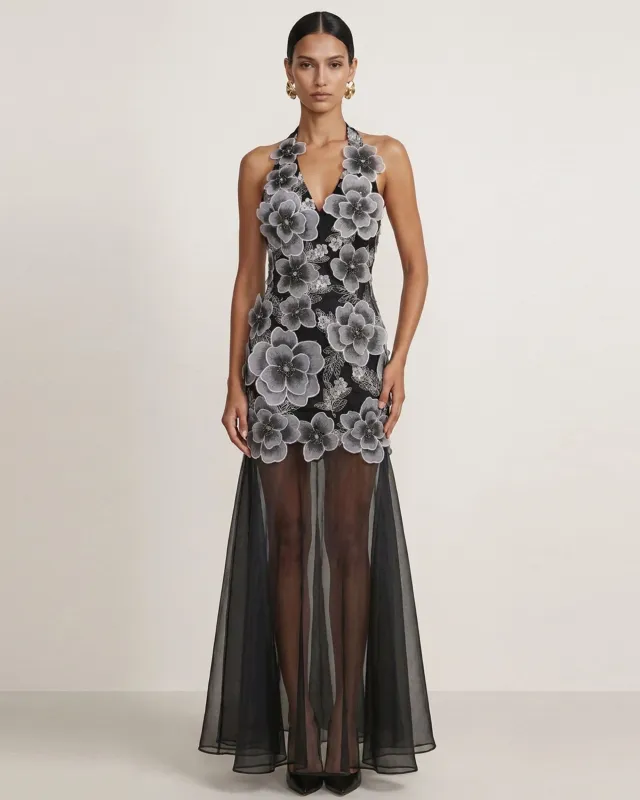 Floral Embroidered Sheer Overlay Maxi Dress - Black made by JW PEI