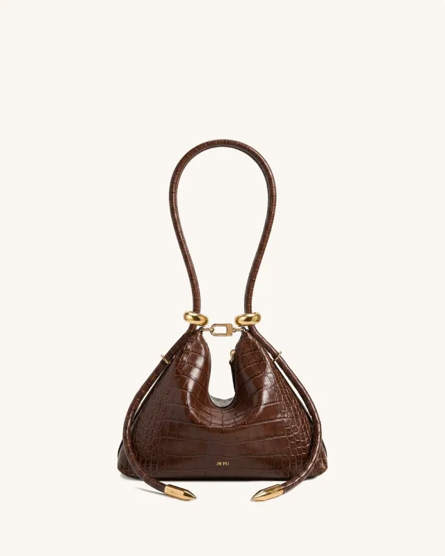 Ellie Metal Ring Crescent Shoulder Bag - Brown Croc made by JW PEI