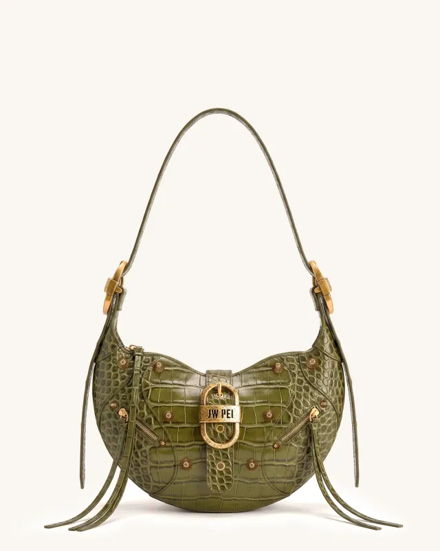 Tessa Studded Shoulder Bag - Army Green Croc made by JW PEI