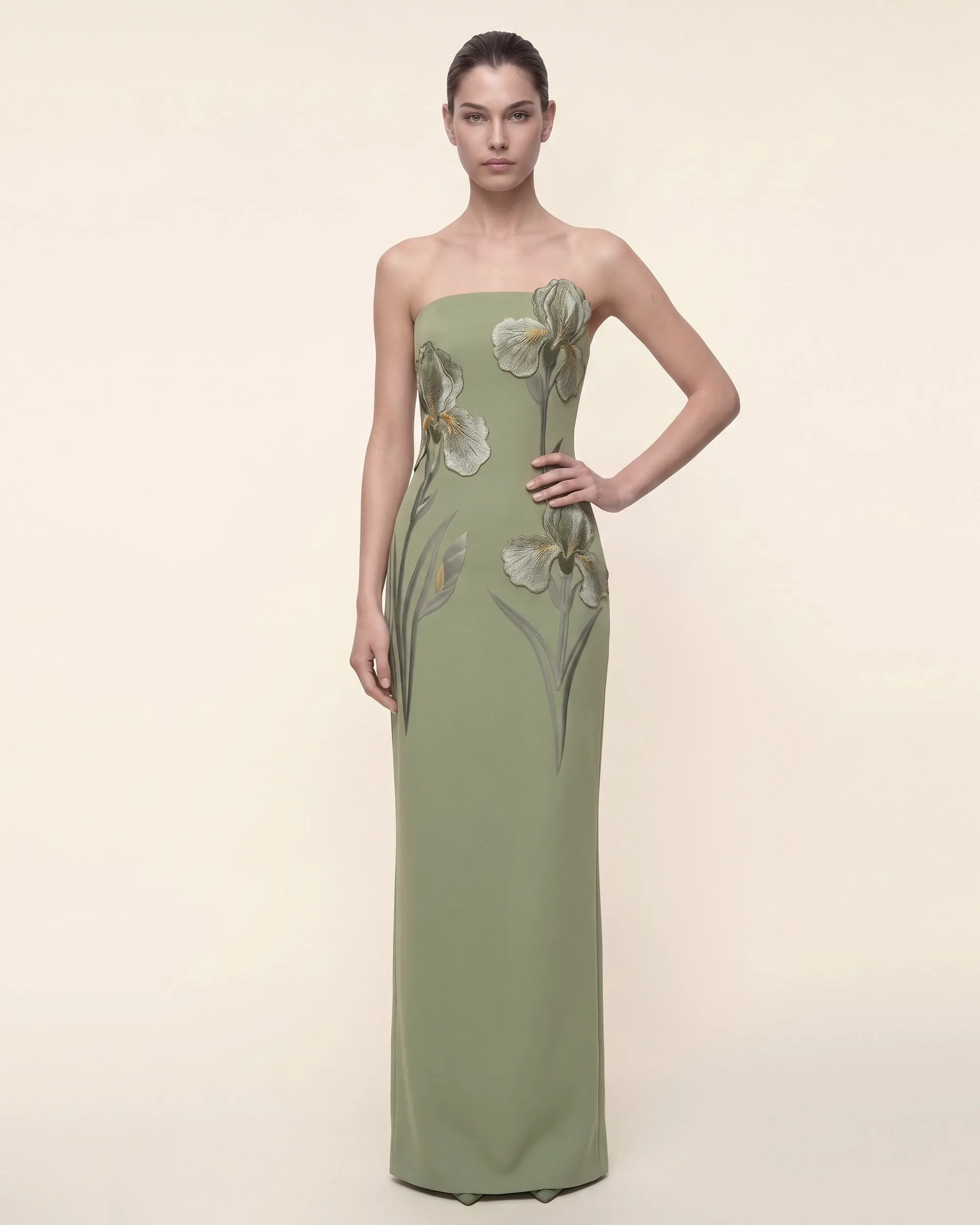 Iris Embroidered Strapless Maxi Dress - Sage Green sold by JW PEI