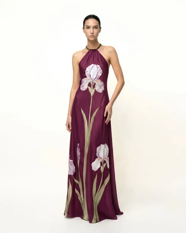 Iris Floral Print Halte
r Maxi Dress - Plum made by JW PEI